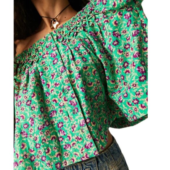 Free People James Smock Top Blouse in Floral Green Size XS - Picture 5 of 5